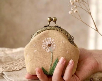 Hand Embroidered Floral Cotton Coin Purse, Brass Kisslock
