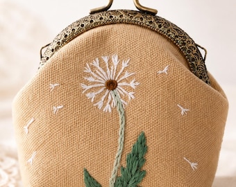 Hand Embroidered Floral Cotton Coin Purse, Brass Kisslock
