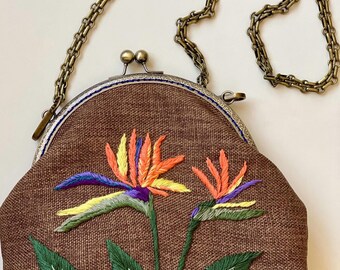 Hand Embroidered Clutch, Kiss Lock with Chain, Handmade Purse Gift, Hopsack Fabric