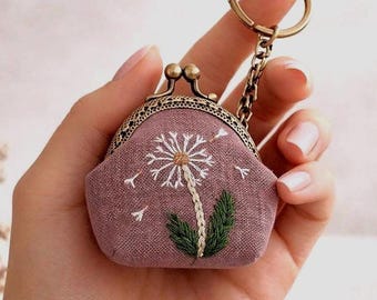 Floral Embroidered Linen Mini Coin Purse Keychain, Kiss Lock Pouch
