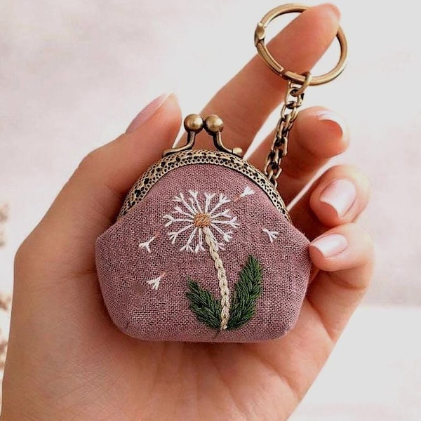 Floral Embroidered Linen Mini Coin Purse Keychain, Kiss Lock Pouch