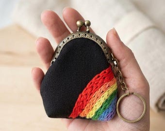 Embroidered Rainbow Linen Coin Purse Keychain, Kiss Lock Pouch, Small Wallet Bag