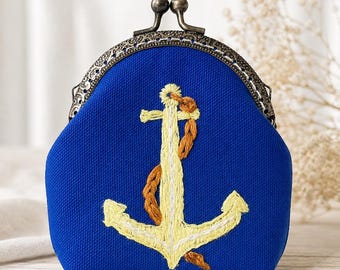 Embroidered Anchor Coin Purse, Nautical Kiss Lock Pouch, Sailor Gift, Navy Blue Mini Wallet