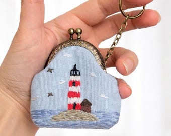 Embroidered Lighthouse Coin Purse Keychain, Cotton Kiss Lock Pouch, Nautical Bag Charm