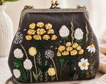 Hand Embroidered Floral Clutch Bag, Vintage Kiss Lock Purse, Cottagecore Crossbody Bag