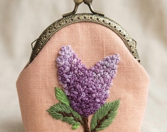 Embroidered Lilac Coin Purse: Vintage Kiss Lock Frame Pouch, Linen Cottagecore Bag
