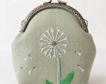 Dandelion Coin Purse Brass Kiss Lock Embroidered Cotton Pouch Nature Inspired Cottagecore Wallet