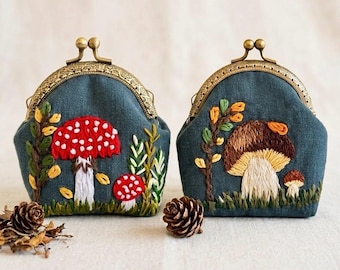 Hand Embroidered Mushroom Coin Purse, Linen Kisslock Wallet, Cottagecore Gift