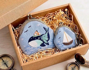 Hand-Embroidered Whale Coin Purse, Sailboat Keychain Set, Coastal Cottagecore Kiss Lock Wallet
