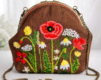 Hand Embroidered Clutch, Kiss Lock with Chain, Handmade Purse Gift, Hopsack Fabric
