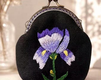 Hand Embroidered Iris Kiss Lock Purse, Black Linen Coin Pouch