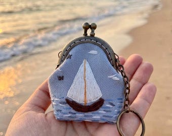 Embroidered Sailboat Bag Charm, Nautical Cotton Coin Purse, Brass Kiss Lock Keychain