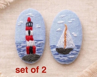 Embroidered Nautical Hair Clip Set, Lighthouse Sailboat Hair Barrettes