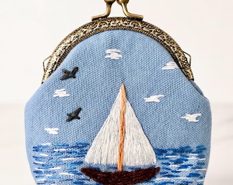 Hand Embroidered Sailboat Coin Purse, Nautical Kiss Lock Pouch, Cotton Coastal Clasp Wallet