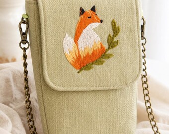 Embroidered Fox Cotton Phone Crossbody Bag, Handmade Cell Phone Purse