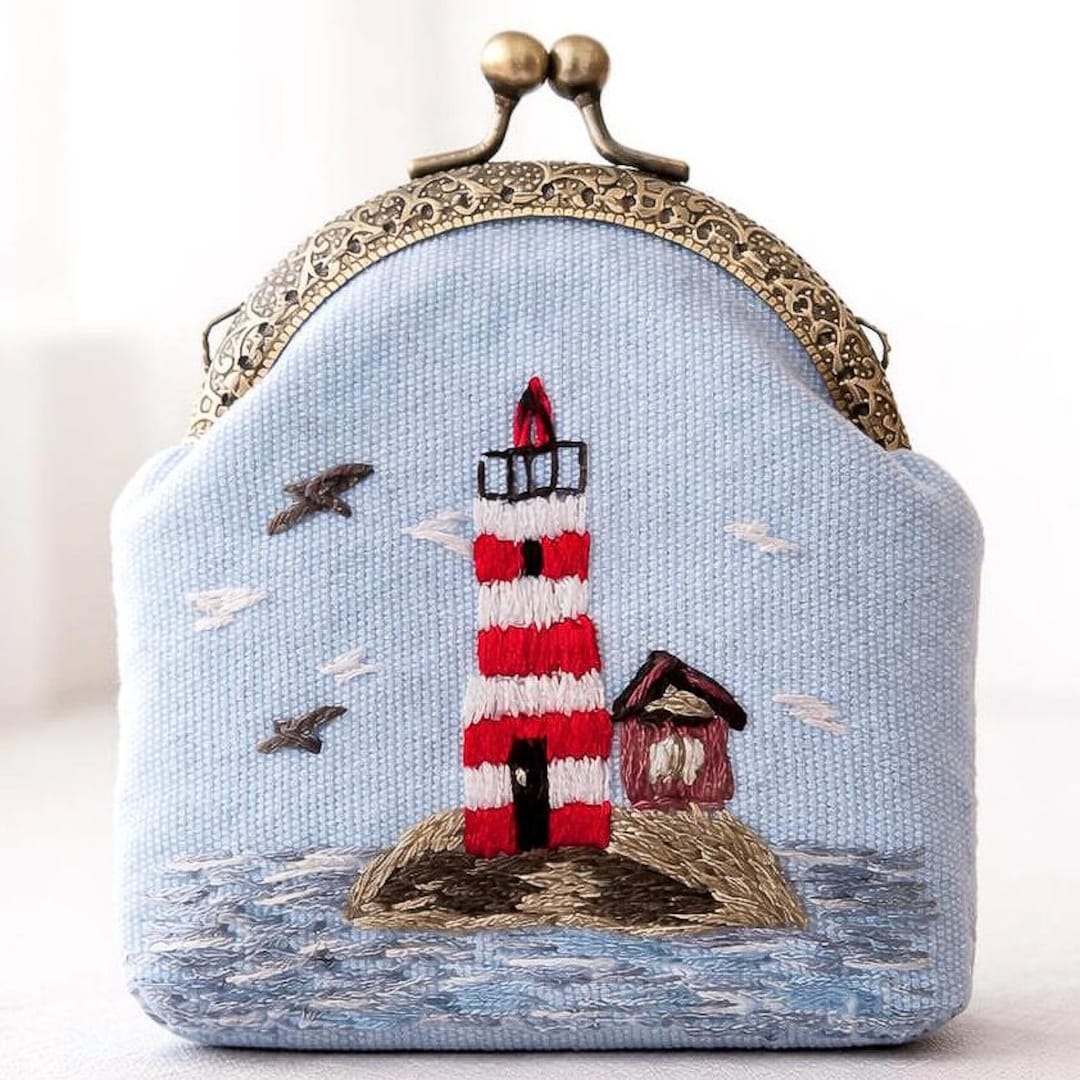 Handmade Embroidered Lighthouse Coin Purse, Nautical Cotton Wallet ...