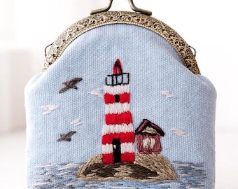 Handmade Embroidered Lighthouse Coin Purse, Nautical Cotton Wallet, Small Kiss Lock Pouch