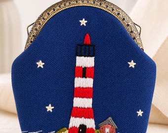 Navy Embroidered Lighthouse Coin Purse, Coastal Kiss Lock Wallet