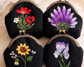 Hand Embroidered Linen Coin Purse, Brass Kisslock