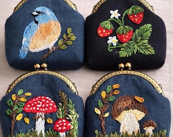 Hand Embroidered Linen Coin Purse – Mushroom, Bird, Strawberry Designs, Brass Kisslock Wallet