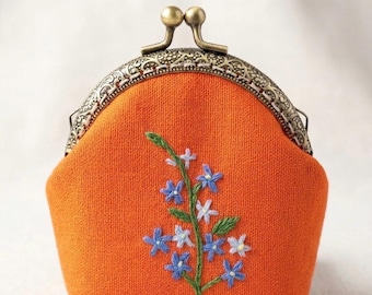Hand Embroidered Floral Cotton Coin Purse, Brass Kisslock