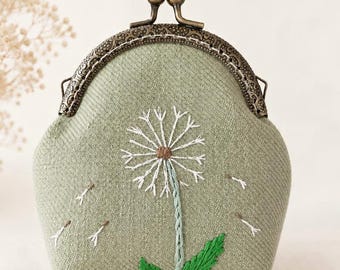 Dandelion Coin Purse Brass Kiss Lock Embroidered Cotton Pouch Nature Inspired Cottagecore Wallet