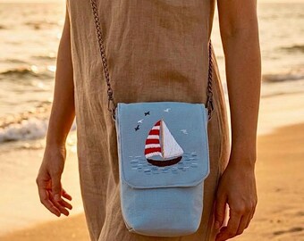 Embroidered Cotton Sailboat Phone Crossbody Bag, Handmade USA Brass Hardware