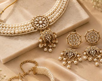 Set girocollo placcato oro con perle e orecchini / Gioielli da tempio / Set di gioielli in oro / Gioielli da sposa / Gioielli per matrimonio / Collana girocollo