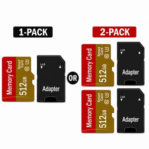 Puede incluir: Una tarjeta de memoria de 512GB con una etiqueta roja y dorada que incluye el texto Smart Card, 10 y 3, junto a un adaptador negro con interruptor de bloqueo. La imagen muestra una opción de 1-pack y 2-pack, separadas por la palabra OR.