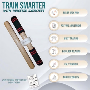 Puede incluir: Un producto de fitness con el texto "Train Smarter with Targeted Exercises". El producto incluye dos postes de madera con mangos negros y rojos, una banda blanca y una peque&ntilde;a gu&iacute;a. La gu&iacute;a muestra ejercicios para la espalda, la postura, las mu&ntilde;ecas, los hombros, las pantorrillas y la flexibilidad corporal.