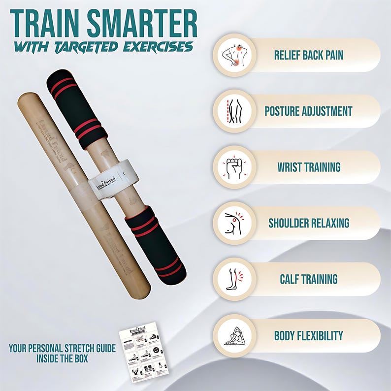 Puede incluir: Un producto de fitness con el texto "Train Smarter with Targeted Exercises". El producto incluye dos postes de madera con mangos negros y rojos, una banda blanca y una peque&ntilde;a gu&iacute;a. La gu&iacute;a muestra ejercicios para la espalda, la postura, las mu&ntilde;ecas, los hombros, las pantorrillas y la flexibilidad corporal.