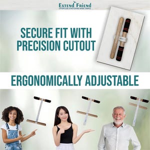 Puede incluir: Imagen de una herramienta de estiramiento con el texto "Extend Friend". La herramienta tiene mangos de madera con agarres negros y rojos. Tambi&eacute;n se muestra el texto "Secure Fit With Precision Cutout" y "Ergonomically Adjustable".