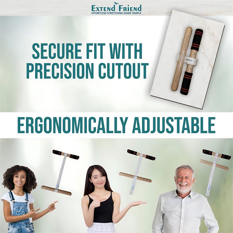 Puede incluir: Imagen de una herramienta de estiramiento con el texto "Extend Friend". La herramienta tiene mangos de madera con agarres negros y rojos. Tambi&eacute;n se muestra el texto "Secure Fit With Precision Cutout" y "Ergonomically Adjustable".