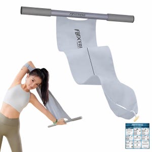May include: A gray FLEXFRIEND exercise band with a horizontal bar and a long, flowing band. The brand name is printed on the bar and band. A person is shown using the band for stretching.