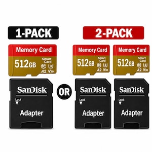以下が含まれることがあります： 512GBの赤と金のメモリーカード（A2、V30、10/3の速度クラス記号付き）と、白いロックインジケーターとテキストラベルが付いた黒いSanDisk SDカードアダプターの1パックまたは2パックのオプションで、2つのセットから選択できるようになっています。
