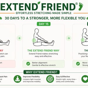 Puede incluir: Infograf&iacute;a de "EXTEND FRIEND" que promociona un programa de estiramientos de 30 d&iacute;as. Compara la "forma antigua" de estirar con la "forma Extend Friend", destacando beneficios como el alivio del dolor lumbar y la mejora de la flexibilidad. El texto est&aacute; en espa&ntilde;ol.