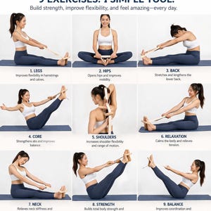 Puede incluir: Imagen que muestra una herramienta de fitness y nueve ejercicios. El texto dice: "9 EJERCICIOS. 1 HERRAMIENTA SIMPLE. Desarrolla fuerza, mejora la flexibilidad y si&eacute;ntete incre&iacute;ble todos los d&iacute;as". Cada ejercicio es demostrado.