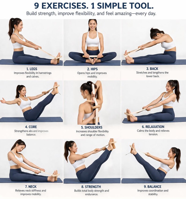 Puede incluir: Imagen que muestra una herramienta de fitness y nueve ejercicios. El texto dice: "9 EJERCICIOS. 1 HERRAMIENTA SIMPLE. Desarrolla fuerza, mejora la flexibilidad y si&eacute;ntete incre&iacute;ble todos los d&iacute;as". Cada ejercicio es demostrado.