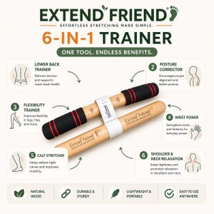Puede incluir: El Extend Friend 6-en-1 Trainer es una herramienta de estiramiento de madera natural. Cuenta con mangos acolchados negros y rojos y bandas blancas. La imagen destaca sus beneficios para la espalda baja, la postura, la flexibilidad, las mu&ntilde;ecas, las pantorrillas y el cuello.