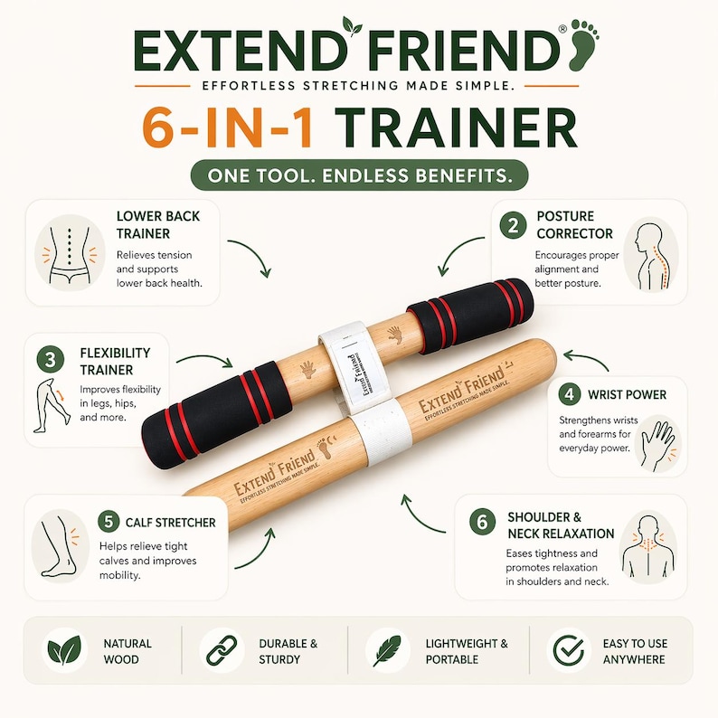 Puede incluir: El Extend Friend 6-en-1 Trainer es una herramienta de estiramiento de madera natural. Cuenta con mangos acolchados negros y rojos y bandas blancas. La imagen destaca sus beneficios para la espalda baja, la postura, la flexibilidad, las mu&ntilde;ecas, las pantorrillas y el cuello.