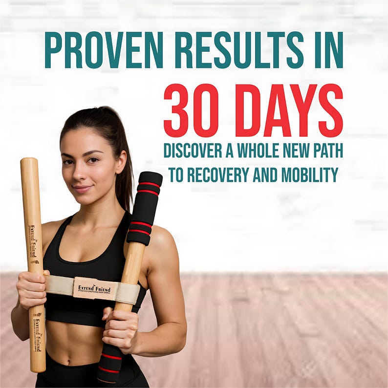 Puede incluir: Una mujer sostiene dos herramientas de ejercicio de madera con el texto "Extend Friend". Una herramienta tiene un mango negro y rojo. La imagen incluye el texto "PROVEN RESULTS IN 30 DAYS" y "DISCOVER A WHOLE NEW PATH TO RECOVERY AND MOBILITY."