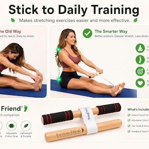 Puede incluir: Imagen que muestra un dispositivo de estiramiento llamado "Extend Friend". El dispositivo est&aacute; hecho de madera con empu&ntilde;aduras de espuma negras y rojas. La imagen tambi&eacute;n muestra a una mujer usando el dispositivo, con el texto "Stick to Daily Training".