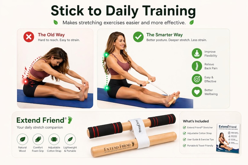 Puede incluir: Imagen que muestra un dispositivo de estiramiento llamado "Extend Friend". El dispositivo est&aacute; hecho de madera con empu&ntilde;aduras de espuma negras y rojas. La imagen tambi&eacute;n muestra a una mujer usando el dispositivo, con el texto "Stick to Daily Training".