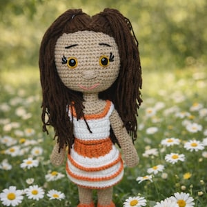 May include: A handmade crochet doll with brown yarn hair, large yellow eyes, and a smiling face. The doll wears a white and orange dress and orange shoes. The doll is standing in a field of daisies.