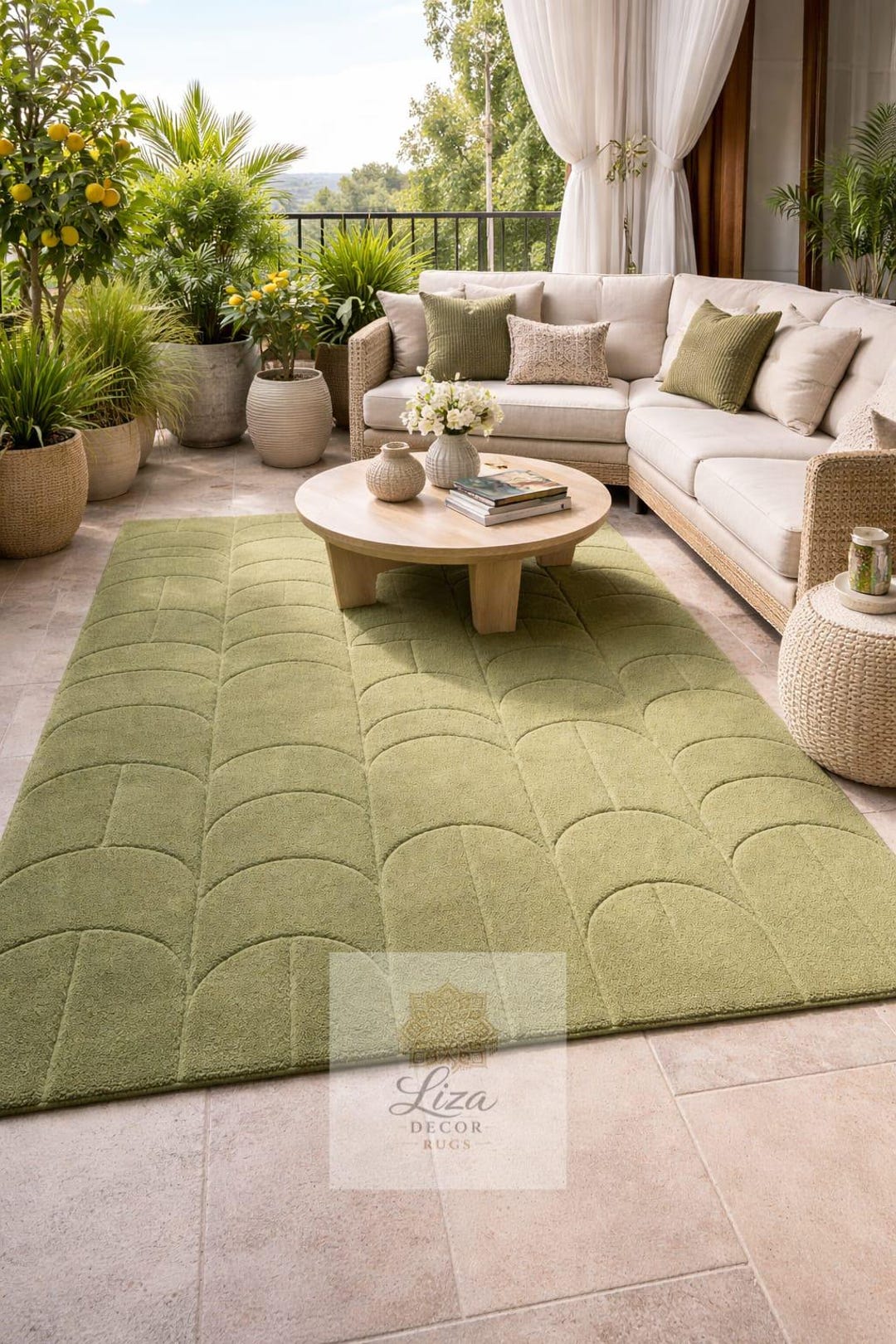Green Hand Tufted Wool Rug | 3D Arched Modern Area Rug | Scalloped Sage ...