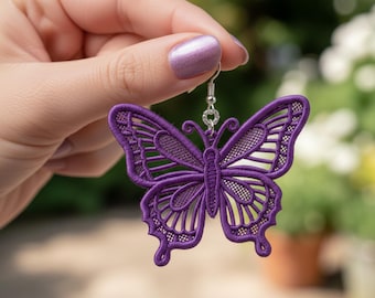 Purple Butterfly Lace Earrings Machine Embroidery Pattern (Digital File)
