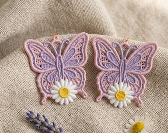 Butterfly Daisy FSL Earrings Machine Embroidery Design Floral Lace Digital File