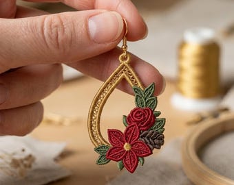 Floral Lace Earring Embroidery Design: Red Flower Jewelry Pattern (Digital Download)