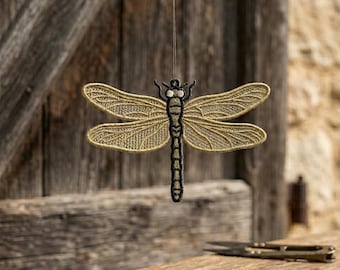 Diseño de bordado a máquina de adorno de libélula dorada FSL, patrón de insecto de encaje, archivo digital