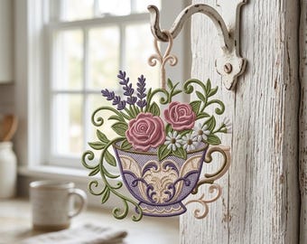 Elegante diseño de bordado FSL de copa de rosas: adorno floral de encaje (archivo digital)